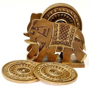 Elephant Design Wooden Tea Coaster Handicraft