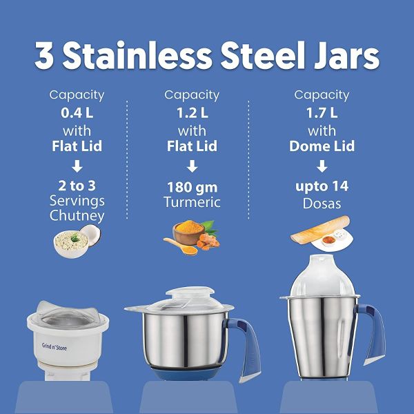 Preethi Mixer Grinder Blue Leaf Platinum - Stainless steel Jars