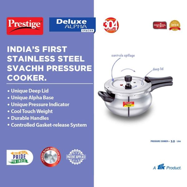 Prestige Deluxe Alpha Svachh Stainless Steel Pressure Mini Handi - 3Litres