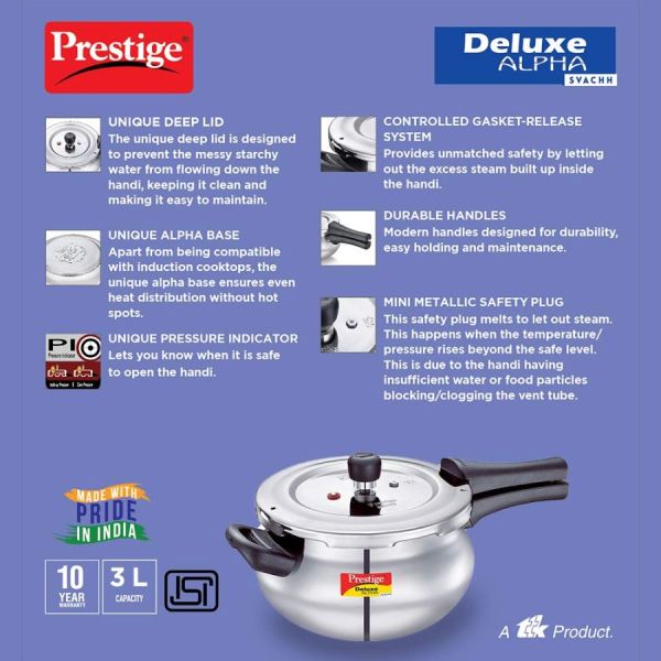 Prestige Deluxe Alpha Svachh Stainless Steel Pressure Mini Handi - 3Litres