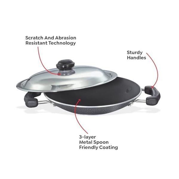 Prestige Omega Select Plus Aluminium Residue Free Non-Stick Appachetty with Lid, 20 cm, Black